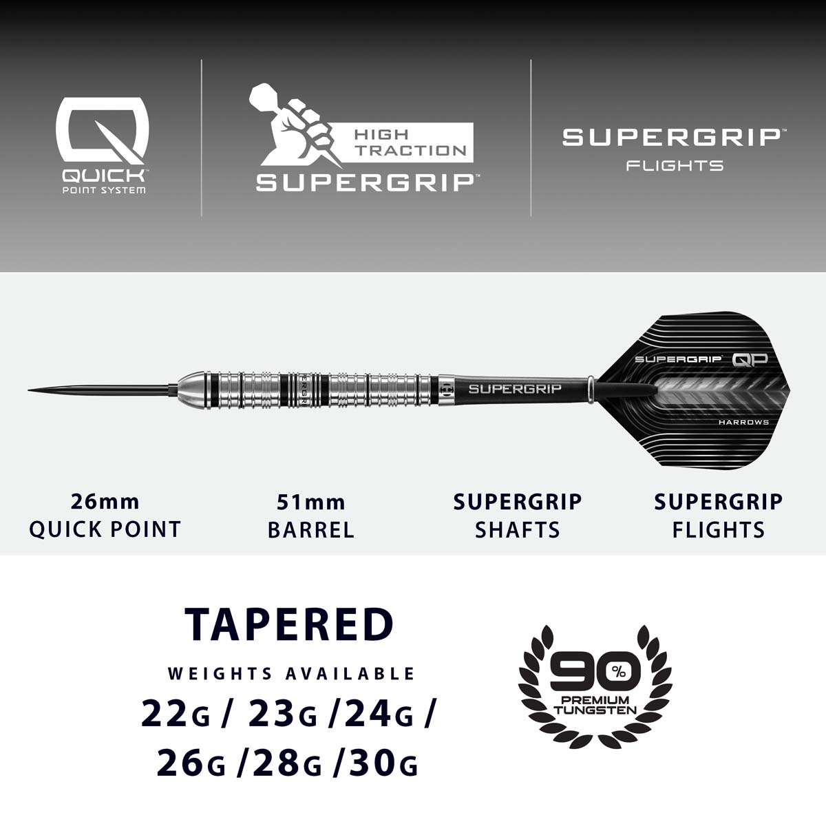 Image de Fléchettes pointe acier Harrows Supergrip QP Tapered 90%
